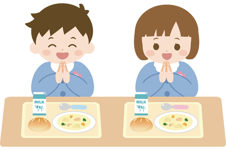 女の子と男の子が給食を食べているイラスト